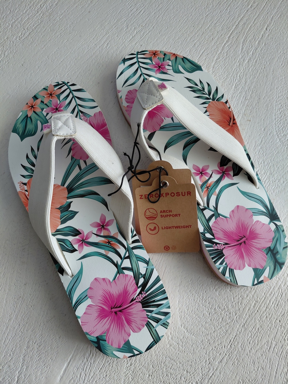 ZeroXposur White Strappy Flip Flops with Pink & Orange Floral Print